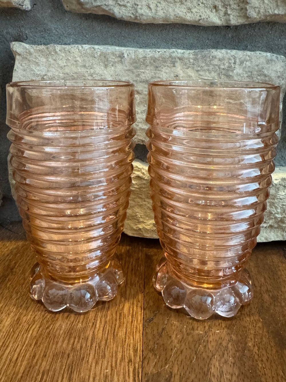 2 Vintage Pink Depression Glass Ribbed Tumblers 5” Bubble Footed Juice Glasses